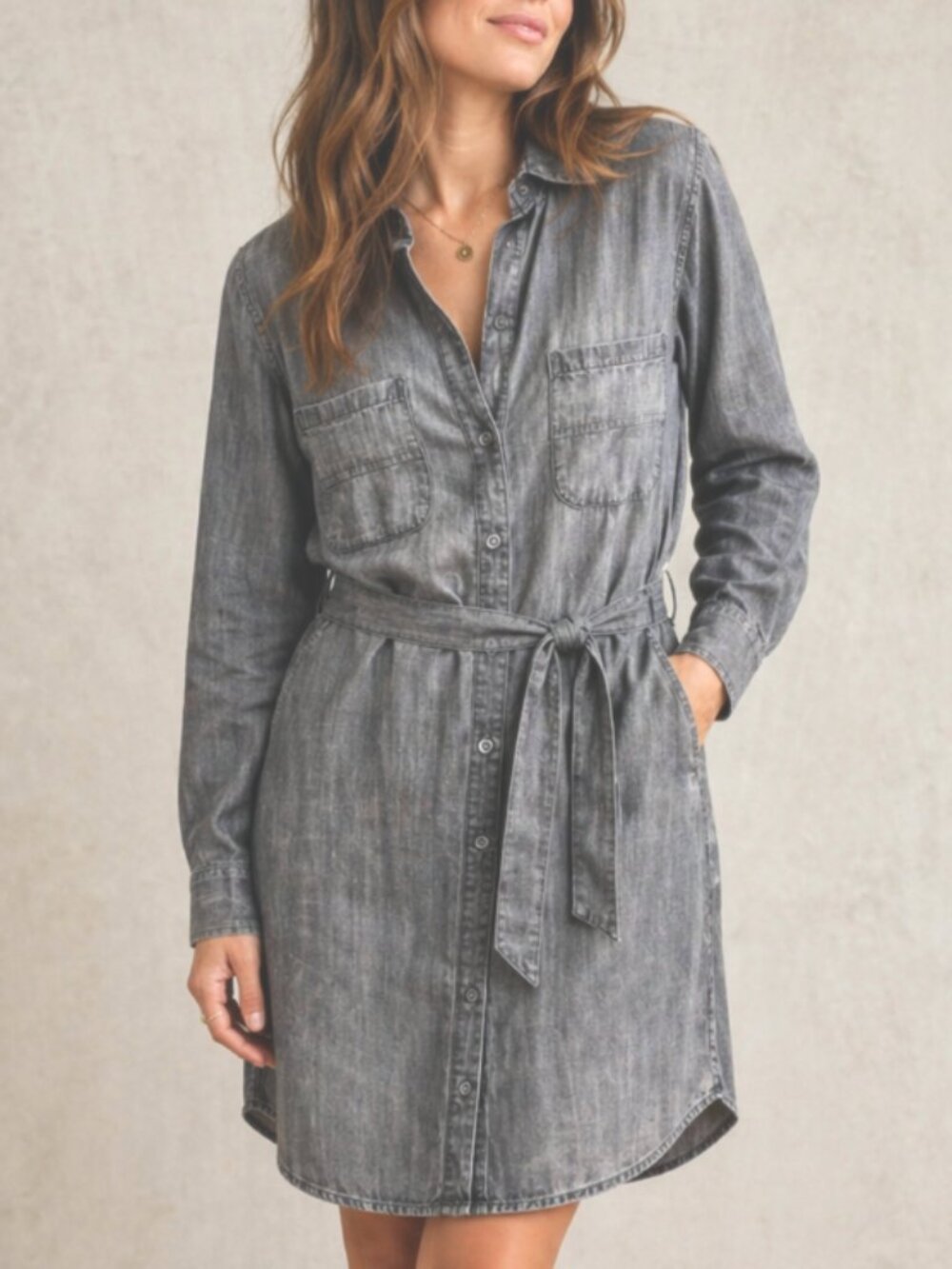 Anthropologie cloth & stone Washed Gray Button-Front Shirt Dress with Tie Waist